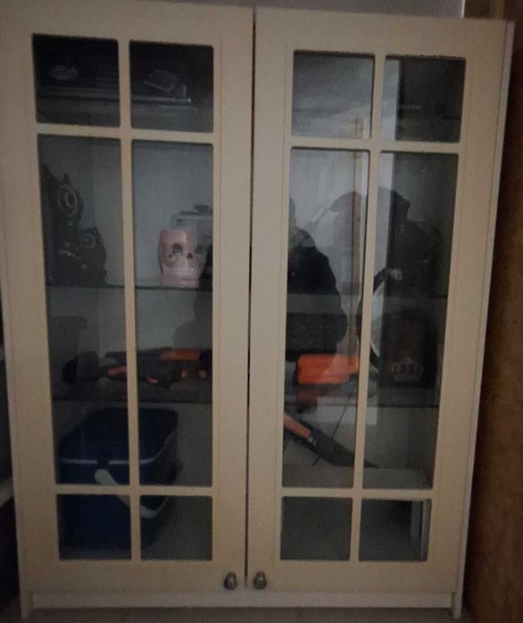 Armario com portas e prateleiras em vidro