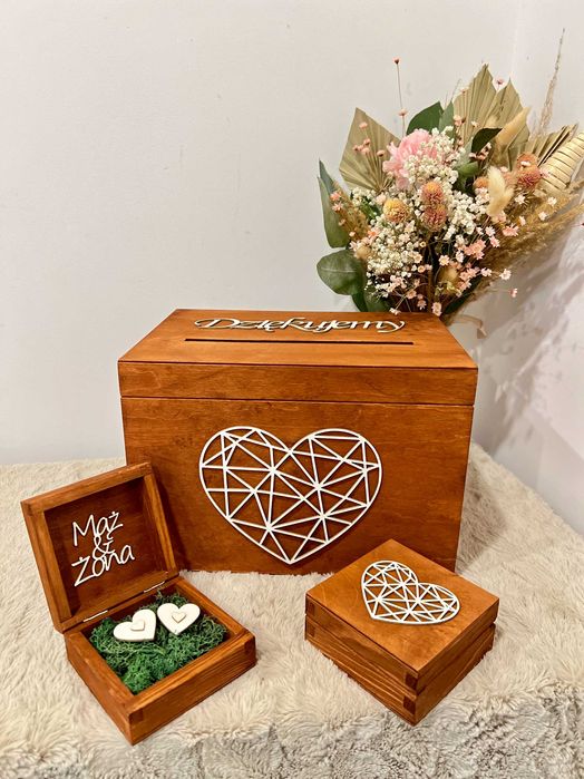 Pudełko Skrzynka na Koperty Ślubne + Szkatułka na Obrączki Mahoniowe 2