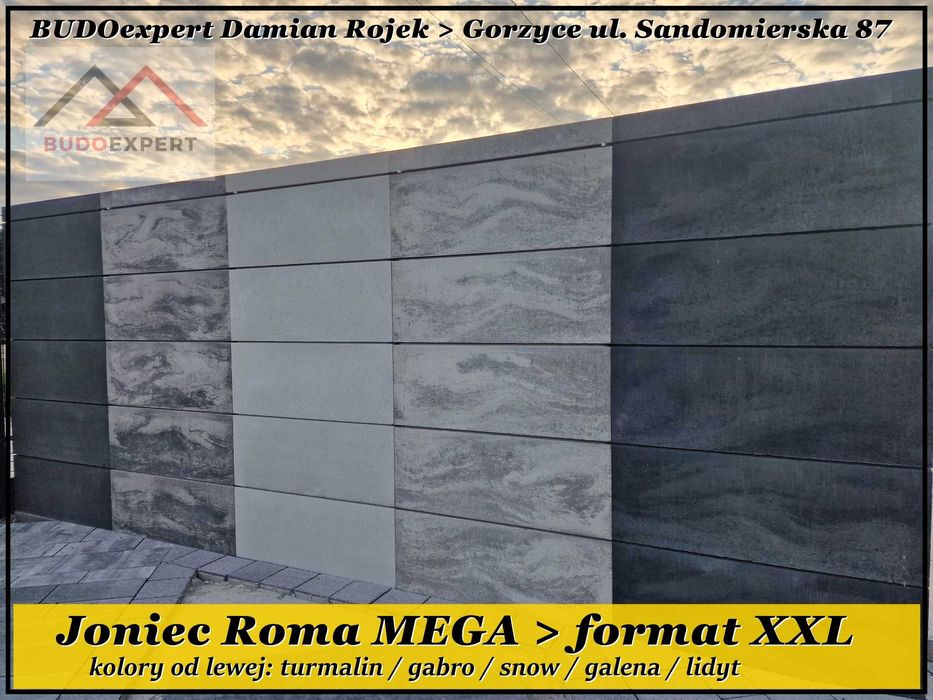 Nowoczesny bloczek XXL na ogrodzenie Joniec Roma MEGA 75 SNOW od ręki