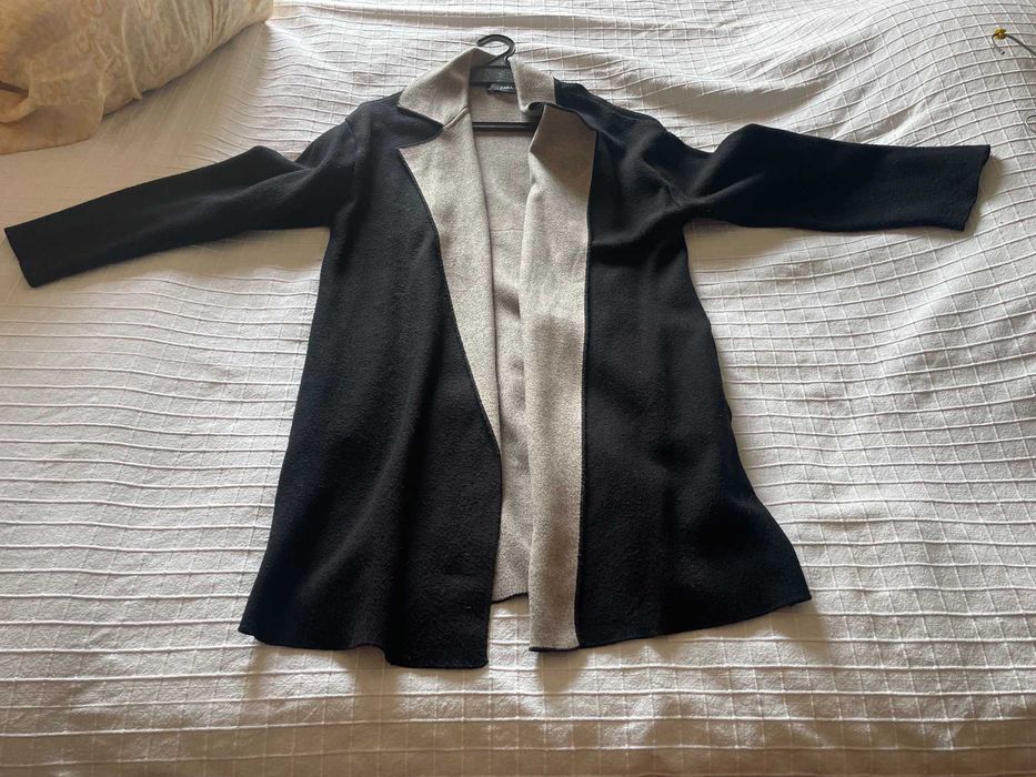 casaco beje e preto comprido malha zara tamanho m