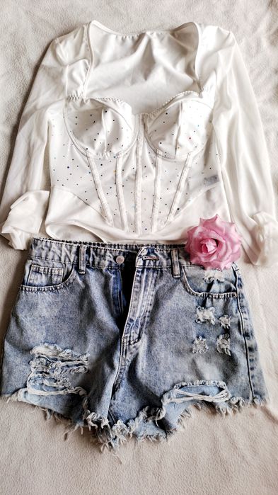 Spodenki  jeansowe, body tiul, cekiny, zestaw 38 M