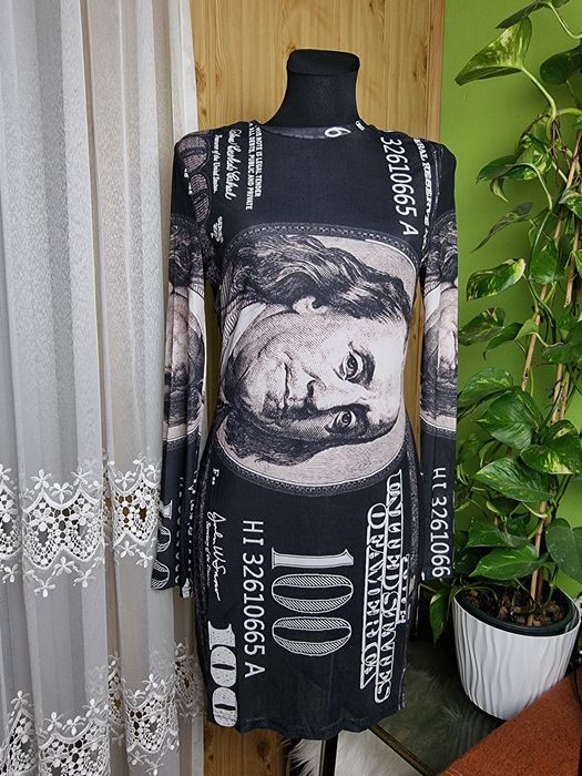 Siateczkowa sukienka motyw dolara mgiełka bodycon M 38