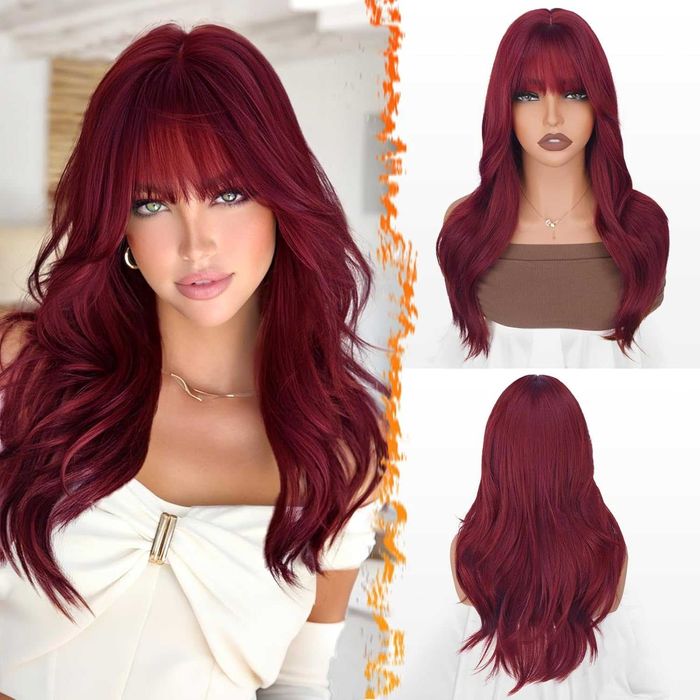 Peruka damska burgund 50 cm cieniowana z grzywką falowana