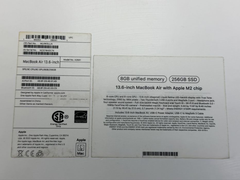 MacBook Air  M2 / RAM 8 / SSD 256 GB / Space Grey / 2022