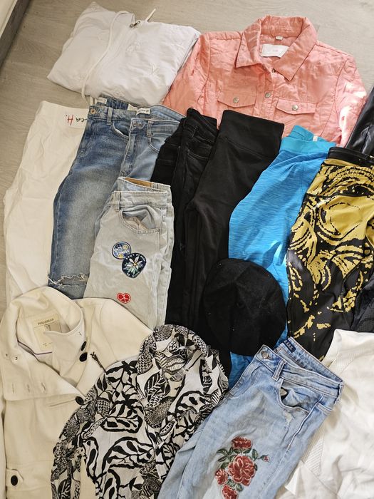Paka ubrań damska leginsy spodnie jeansowe plaszcz s/m #zara #h&m