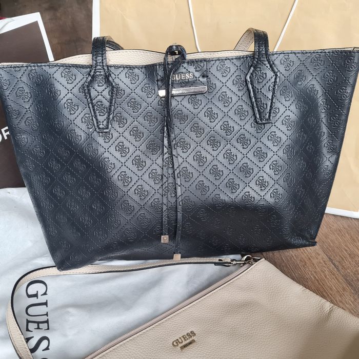 Guess torba 3 w 1 shopper czarna duża dwustronna + mała beżowa logowan