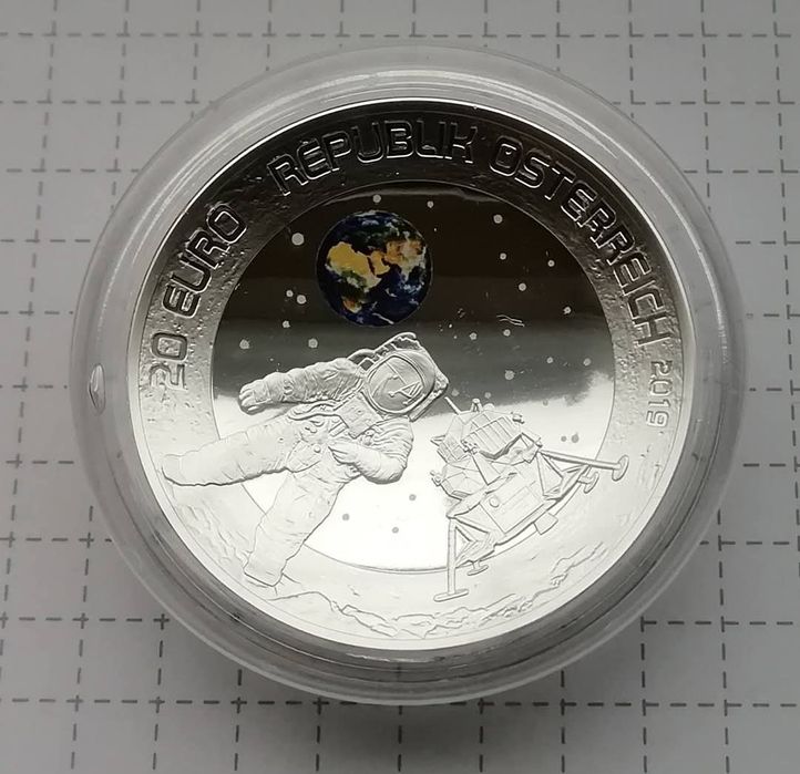 Австрія 20 євро 2019р. СРІБЛО. ПРУФ. Висадка на Місяць. Сертифікат