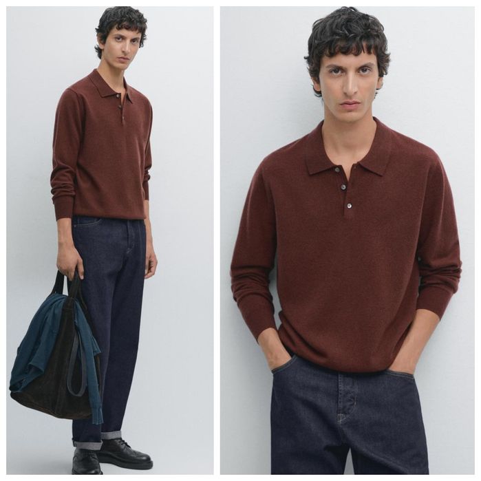 MASSIMO DUTTI 100% Merino Blend L-XL ceglasty sweter polo z kołnierzem