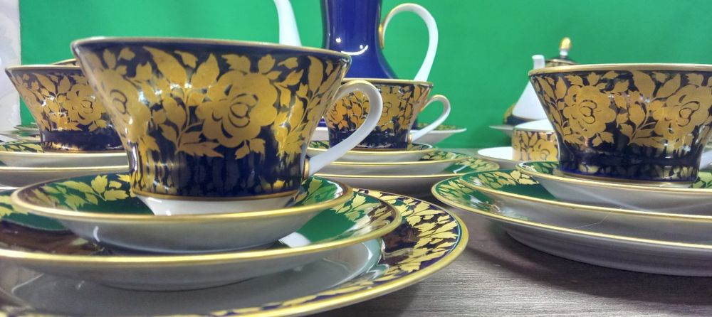 ワイマール　WEIMAR 金彩コバルトブルー フラワー　プレート4枚セット Сервиз Echt Weimar Kobalt