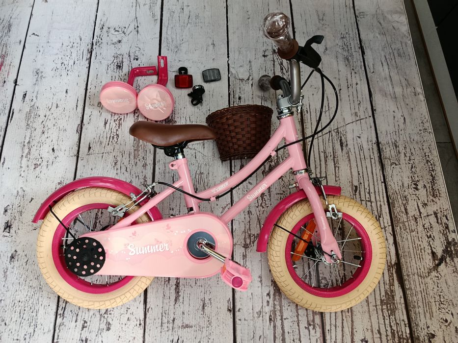 Rower dziecięcy, rowerek 12 cali dla dziewczynki z koszykiem, różowy