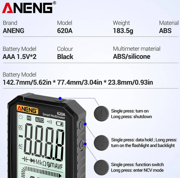 Мультиметр Aneng 620A 600V, 10A, NCV, LCD 3 підсвіткою, smart режим