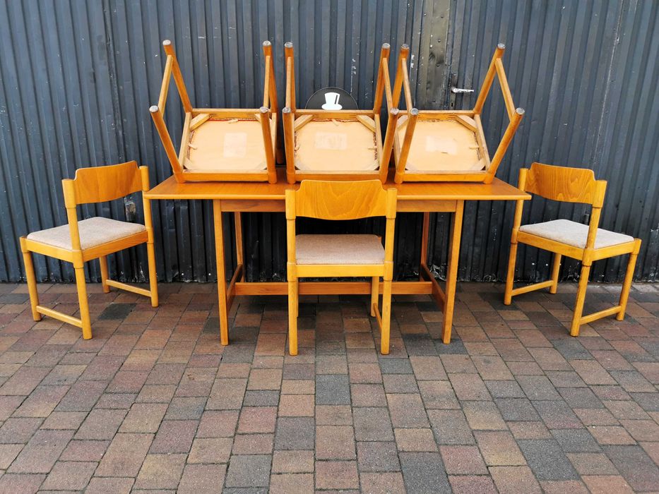 Stół + 6x krzesło- styl skandynawski, Czechosłowacja '70 Design, PRL