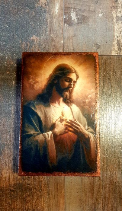 Obraz na ścianę ręcznie zdobiona na drewnie, rękodzieło. PAN JEZUS