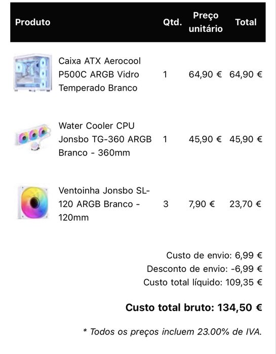 Caixa PC500C ARGB +3 ventoinhas reverse + water cooler 360mm