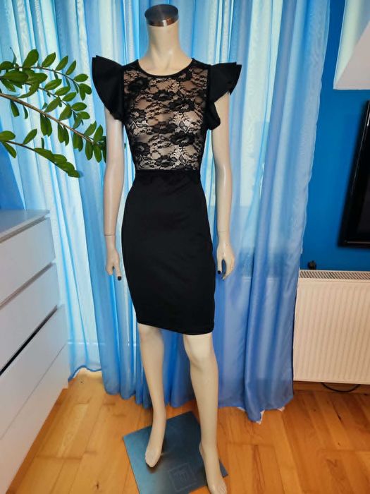 Czarna elegancka sukienka M koronka NOWA klasyczna (5S)