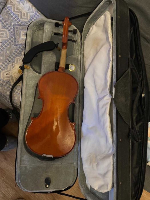 Viola d'arco (sem uma das 4 cordas, com almofada e arco) + Caixa