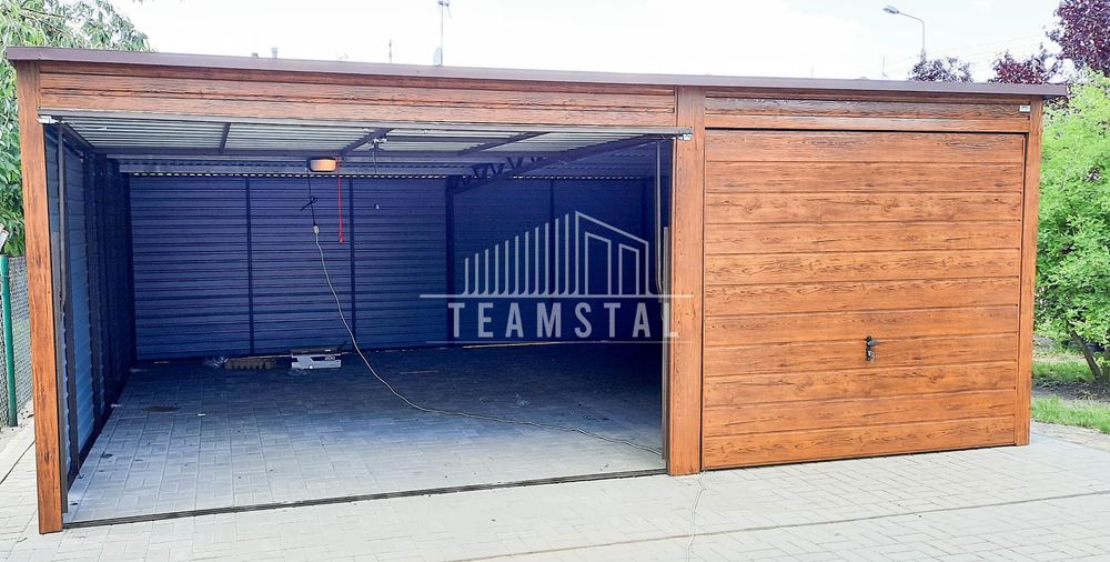 GARAŻ BLASZANY 6m x 6m - spad tył - 2x Brama ciemny orzech TS276