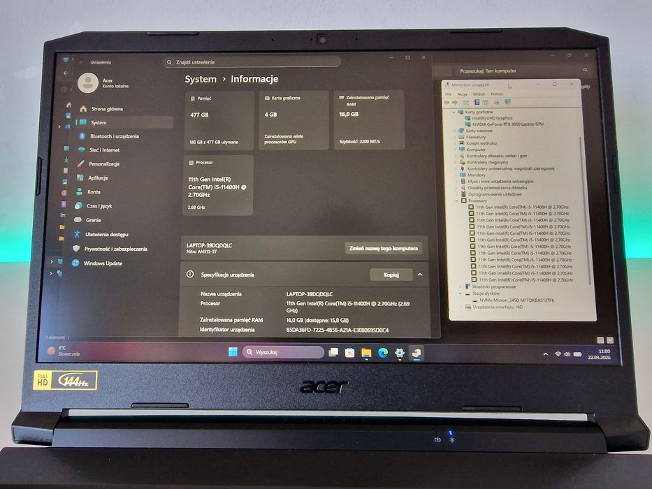 Laptop Acer NITRO 5 RTX/16GB/SSD Gwarancja - Media Expert  GAMINGOWY do GIER