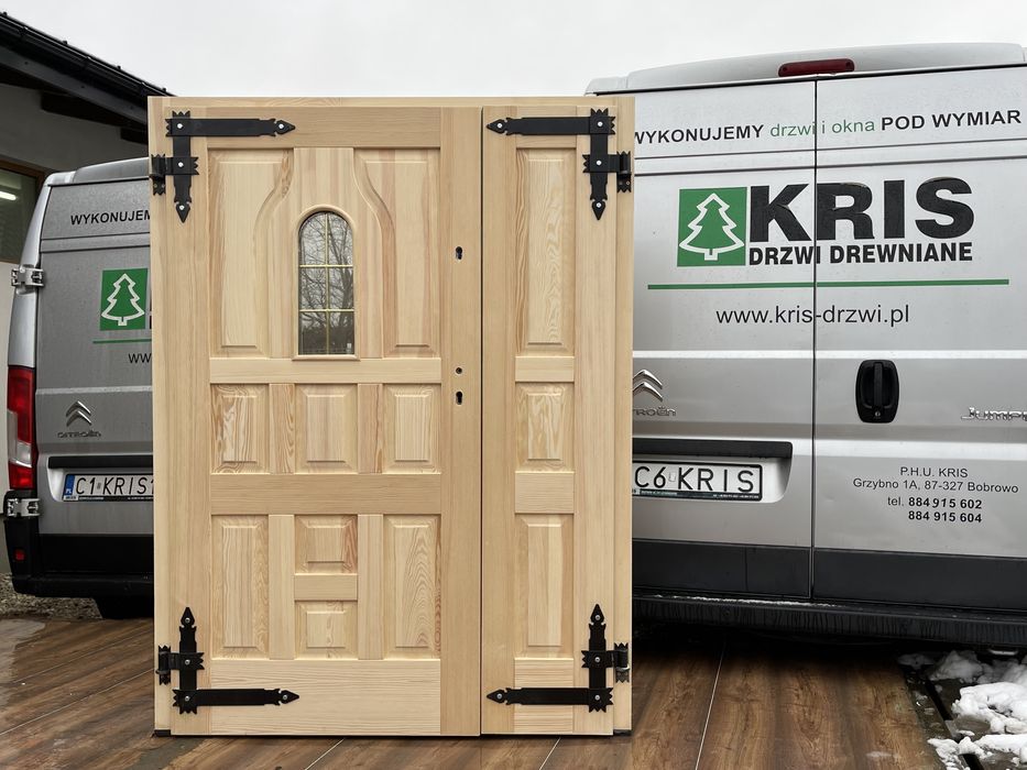 Drzwi zewnętrzne lite drewniane dwuskrzydłowe ocieplane Góralskie
