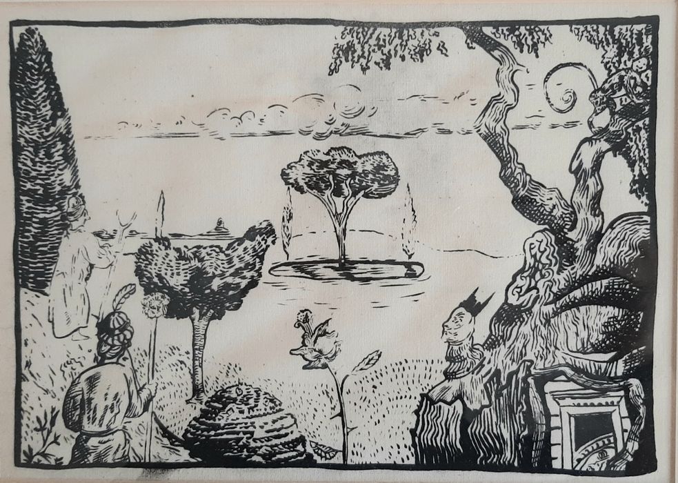 Artista Manuel João Vieira. Desenho impresso em tela. Emoldurado. Raro