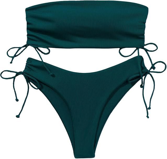 Bikini damskie bandeau - prążkowane, wysoki stan - S zielone