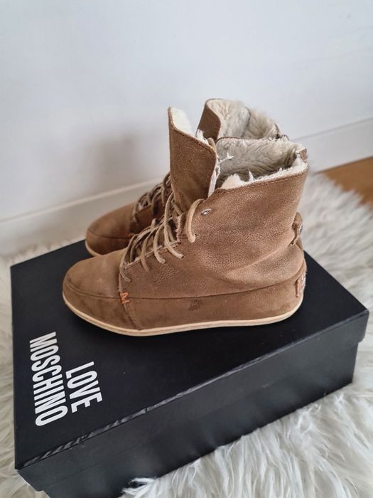 HUB 37 23cm skórzane botki trzewiki wiązane futerko nubuk skóra