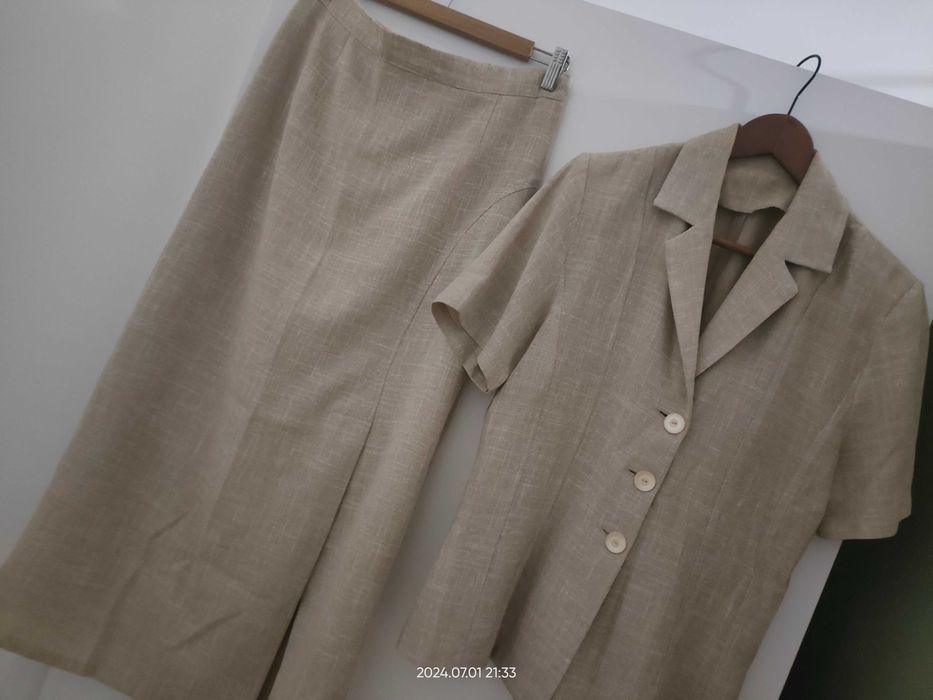 Piękny Komplet_ Beż/ Len_Spódnica Midi i Żakiet_40_Lux