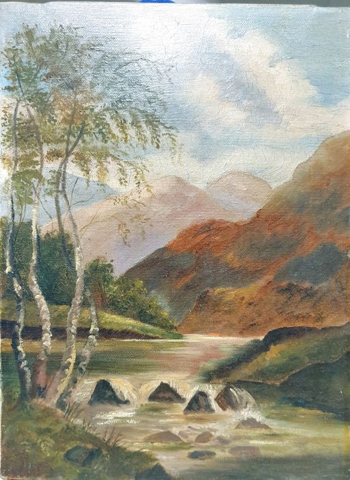 Linda pequena antiga pintura de paisagem em óleo sobre tela