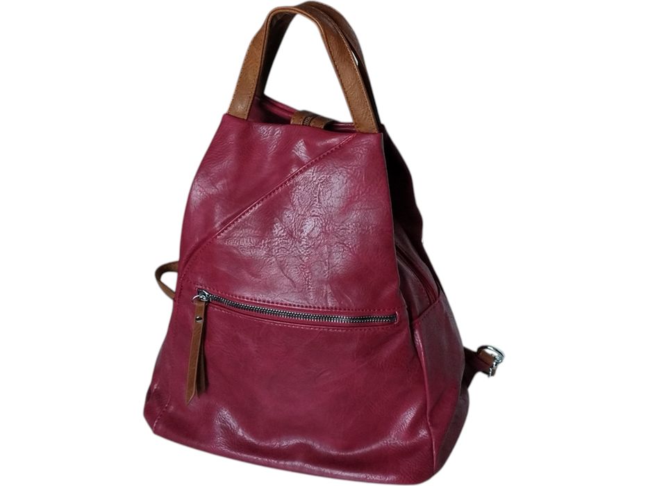 Modny Czerwony Worek Na Ramię - Plecak Damski, 6 Kieszeni, Ekoskóra