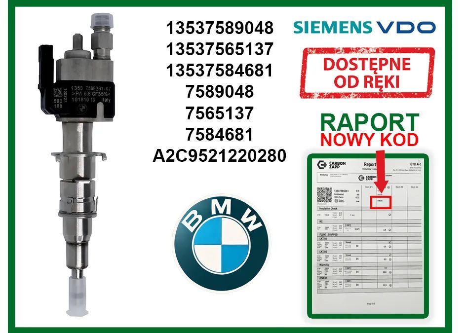 Wtryskiwacz BMW 13537589048 benzynowy do modeli 1, 3, 5, 6. GWARANCJA