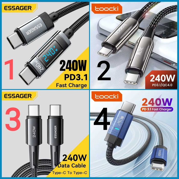 Кабель зарядки usb  A-C, C-C 1м, 2м, 3м  Essager Toocki, 100W/240W