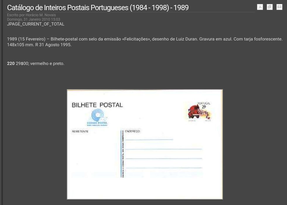 Bilhete Postal CTT ano 1989, valor selado 29$00