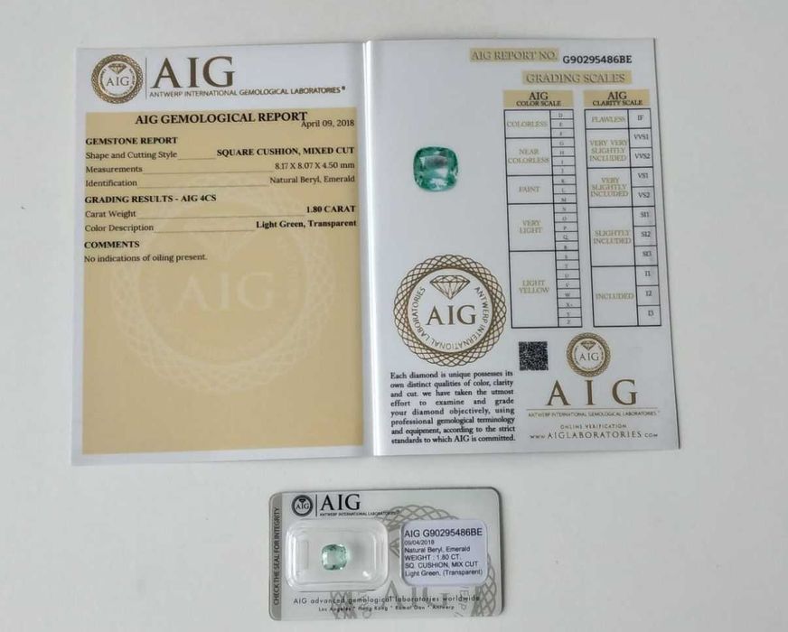 Esmeralda natural com 1,80 Cts, Talhe Cushion, com Certificado