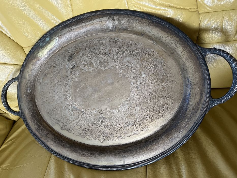 Stara posrebrzana grawerowana taca solidna 61/39 cm