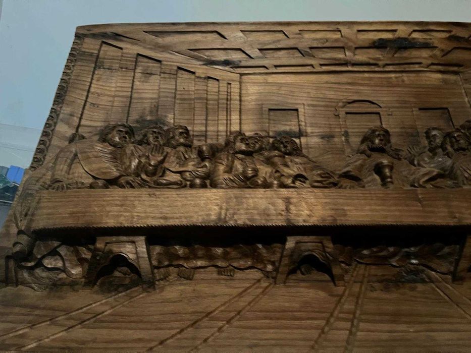 A Última Ceia - Painel Grande Madeira Maciça (100x57cm) - Entalhe Manual