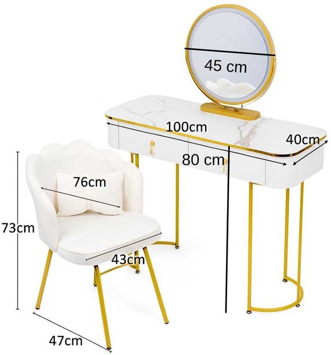 Toaletka Kosmetyczna Z Lustrem LED Blat 100 Cm Biała VERDIRO + Krzesło