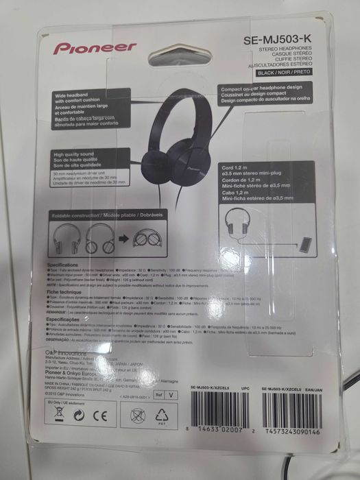 NOWE Słuchawki nauszne Pioneer SE-MJ503-K Czarne / Składane