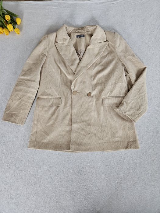 Beżowy dwurzędowy prążkowany płaszczyk Marynarka Principles 16