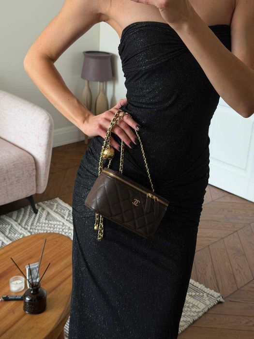 Chanel Classic Brown Lambskin Pearl Crush Vanity Bag Gold/Класична коричнева сумка Шанель Ваніт