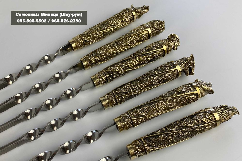 Набір шампурів 6 шт у кейсі Шашличний набір з чарками Латунь лиття