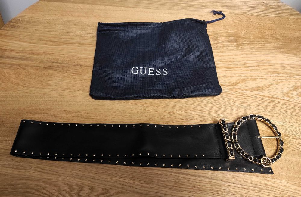 Pasek Guess szeroki 6 cm rozmiar S czarny ćwieki złoto pas taliowy