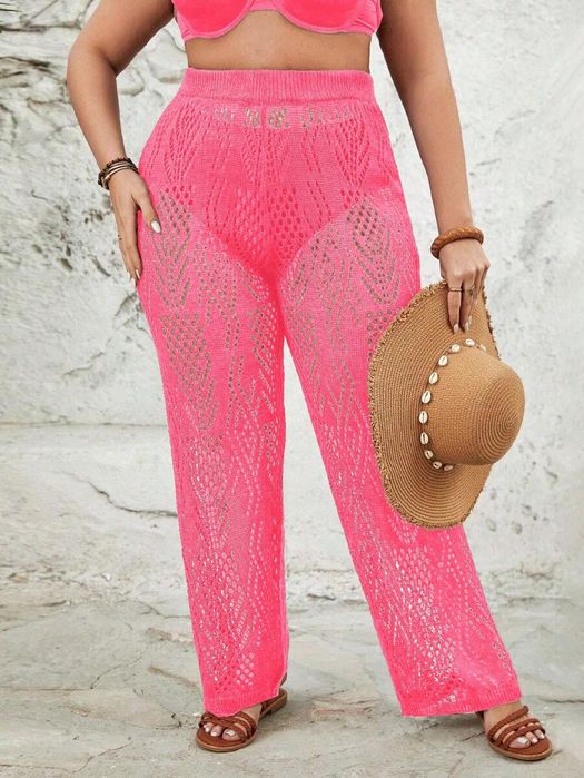 Spodnie Letnie Plażowe Szydełkowe Ażurowe Różowe Casual Shein Xxl