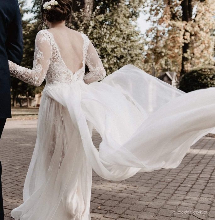 Suknia ślubna, Sylwia Kopczyńska, jedwab, koronka, r. 34/36