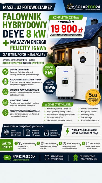 Falownik hybrydowy DEYE 8 kW + Magazyn Energii 16 kWh | Montaż – 19 900 zł