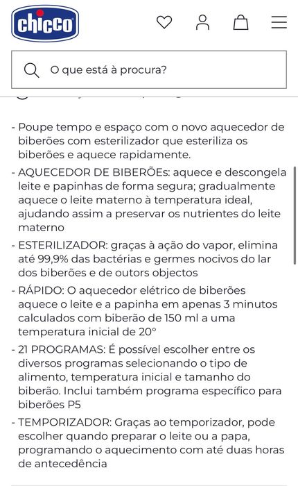 Aquecedor de biberões esterilizador da Chicco