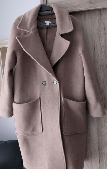 Beżowy brązowy płaszcz H&M wełniany