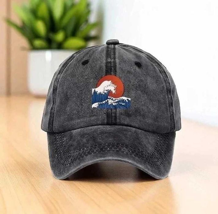 Grafitowa czapka z daszkiem damska męska Hokusai Kanagawa wiskoza