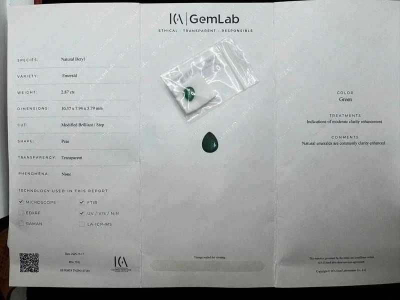 Naturalny Szmaragd z Zambii 2,87 ct Certyfikat ICA GemLab Szlif Gruszka