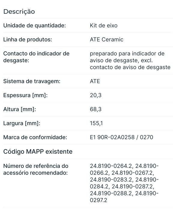 calços cerâmica ATE bmw frente e trás