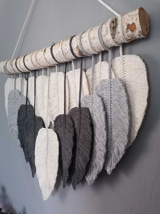 Makrama ścienna listki duże szare piórka BOHO DEKORACJA wnętrz